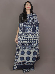 Indigo Cotton Hand Block Printed Saree in Natural Colors - S03170247
