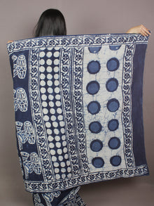 Indigo Cotton Hand Block Printed Saree in Natural Colors - S03170247