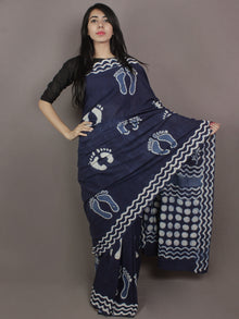 Indigo Cotton Hand Block Printed Saree in Natural Colors - S03170256