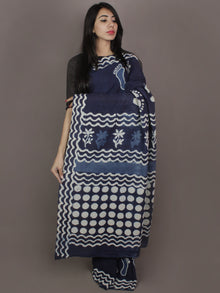 Indigo Cotton Hand Block Printed Saree in Natural Colors - S03170256
