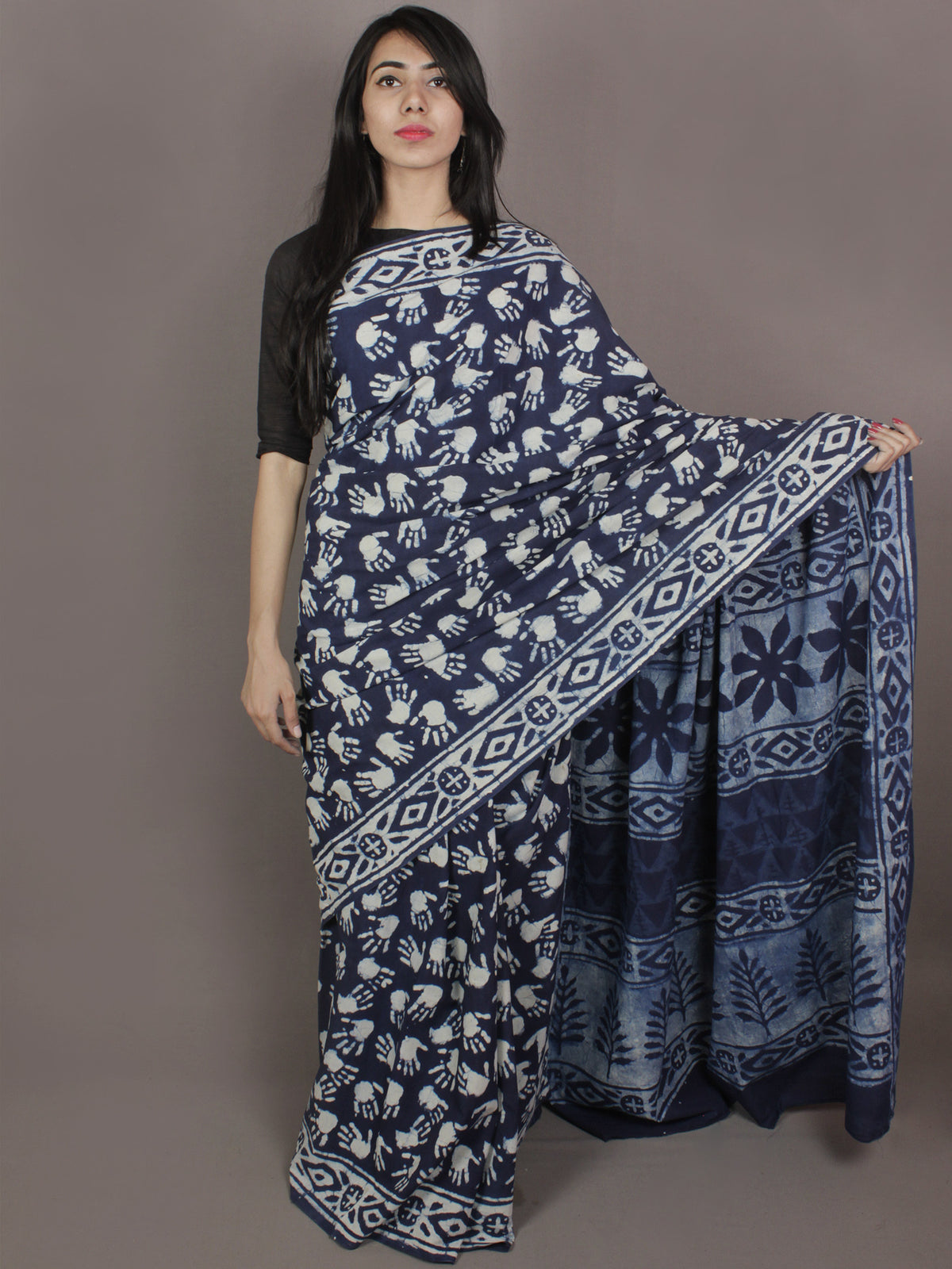 Indigo Cotton Hand Block Printed Saree in Natural Colors - S03170253