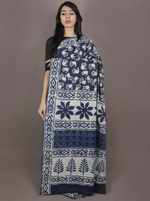 Indigo Cotton Hand Block Printed Saree in Natural Colors - S03170253