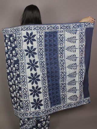 Indigo Cotton Hand Block Printed Saree in Natural Colors - S03170253