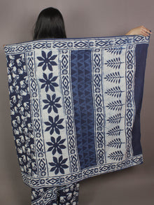 Indigo Cotton Hand Block Printed Saree in Natural Colors - S03170253