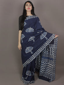 Indigo Cotton Hand Block Printed Saree in Natural Colors - S03170246