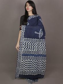 Indigo Cotton Hand Block Printed Saree in Natural Colors - S03170246
