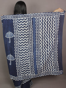 Indigo Cotton Hand Block Printed Saree in Natural Colors - S03170246