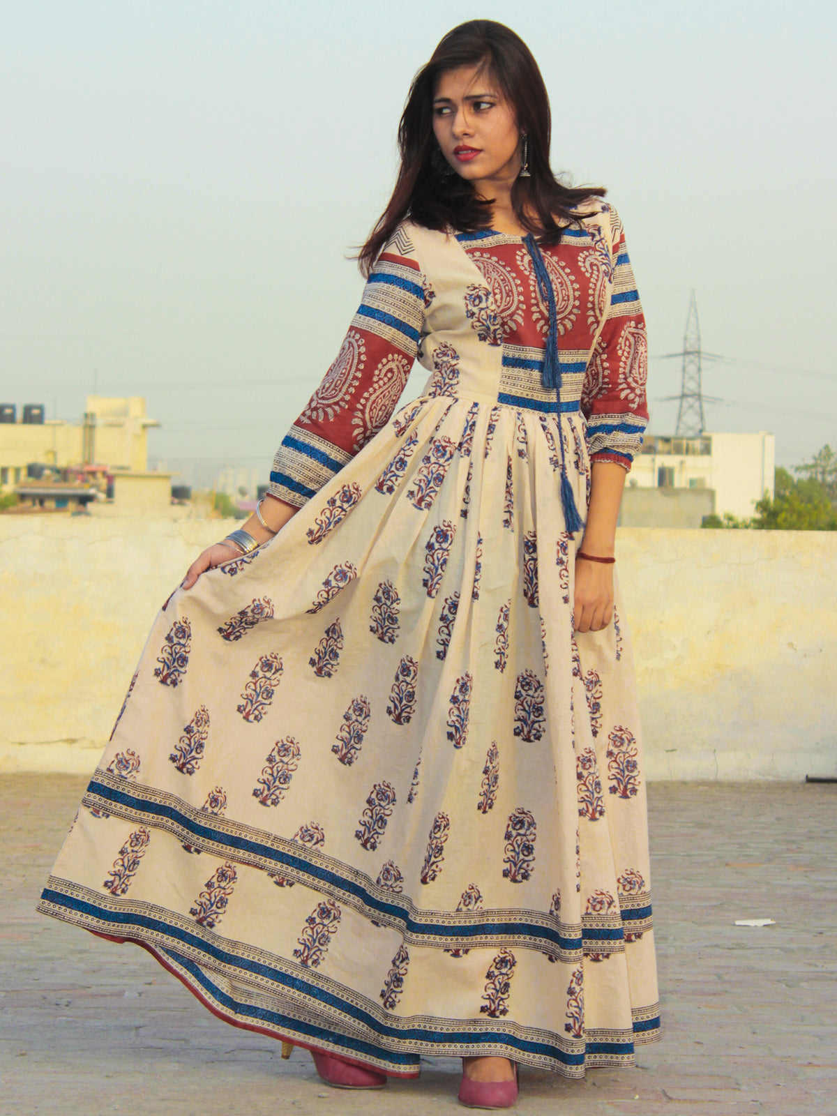 Naaz Beige Maroon Blue Hand Block Printed Long Cotton Dress with Gathers & Lining - DS06F001