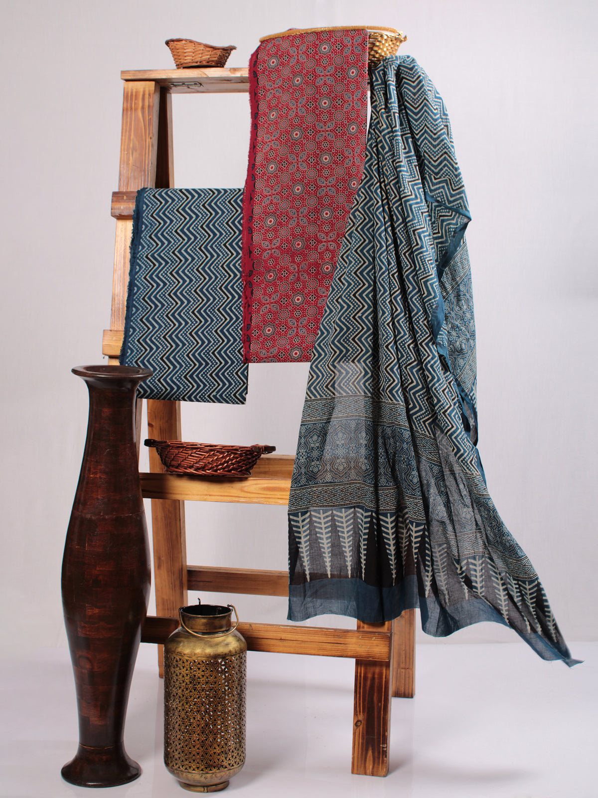 Maroon Indigo Ivory Hand Block Printed Suit Set (Set of 3) - SU01HB474