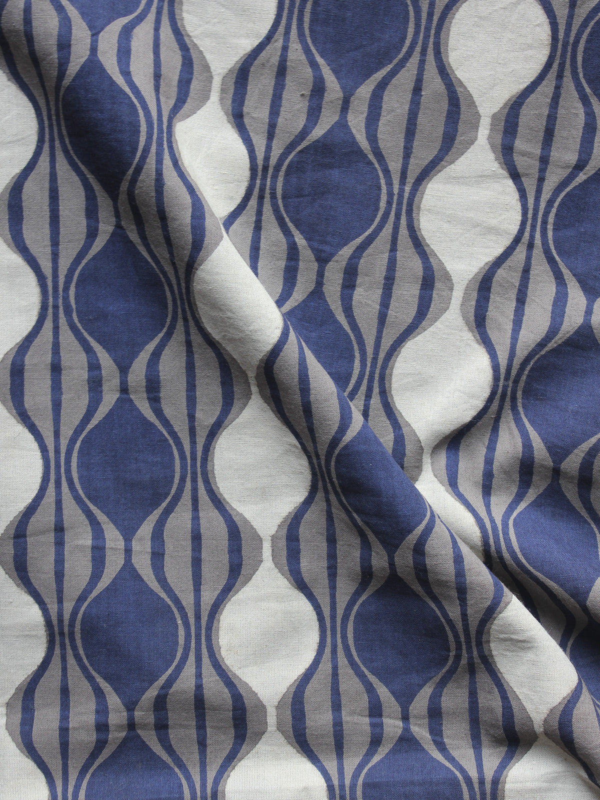 Grey Blue White Hand Block Printed Cotton Fabric Per Meter - F001F871