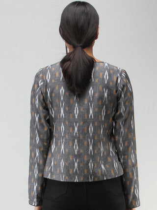 Grey White Mustard Hand Woven Ikat Crop Jacket - J15FXXX