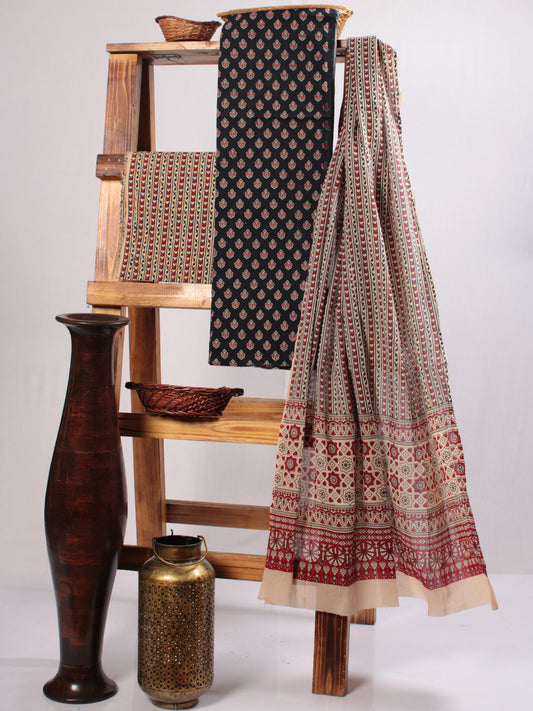 Black Ivory Red Hand Block Printed Suit Set (Set of 3) - SU01HB482