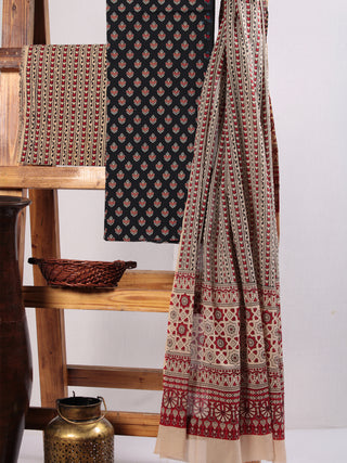 Black Ivory Red Hand Block Printed Suit Set (Set of 3) - SU01HB482