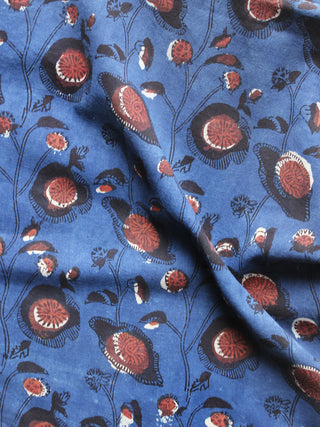 Indigo Brown Ivory Hand Block Printed Cotton Fabric Per Meter - F001F883