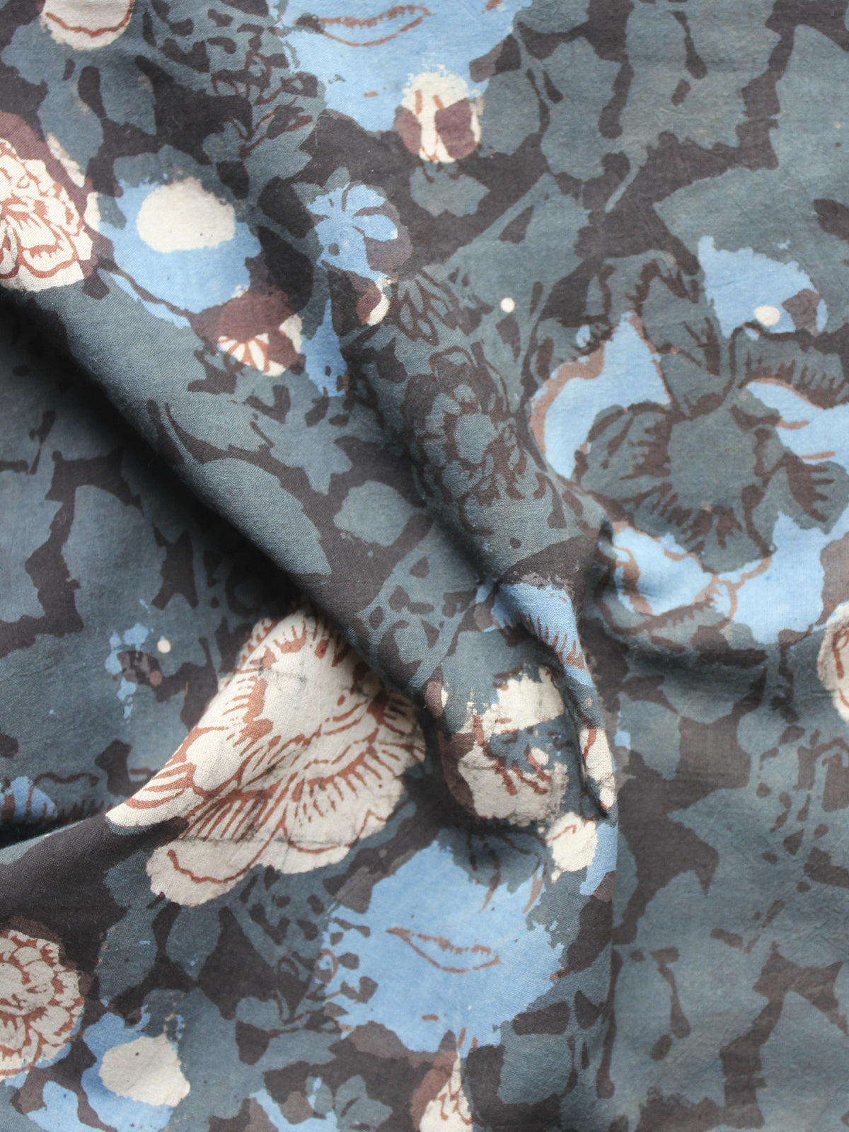 Grey Ivory Blue Hand Block Printed Cotton Fabric Per Meter - F001F885