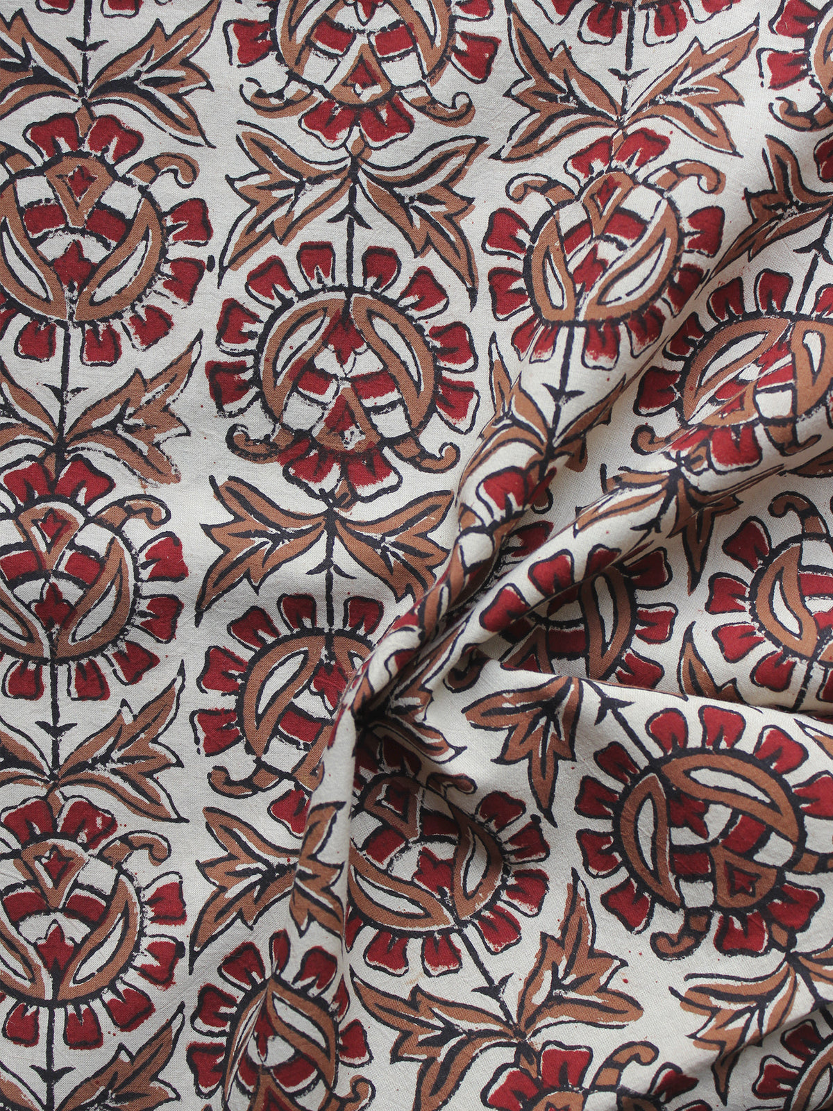 Beige Maroon Brown Hand Block Printed Cotton Fabric Per Meter - F001F887