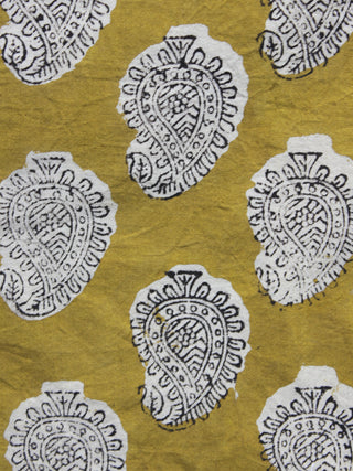 Mustard Ivory Black Hand Block Printed Cotton Fabric Per Meter - F001F889