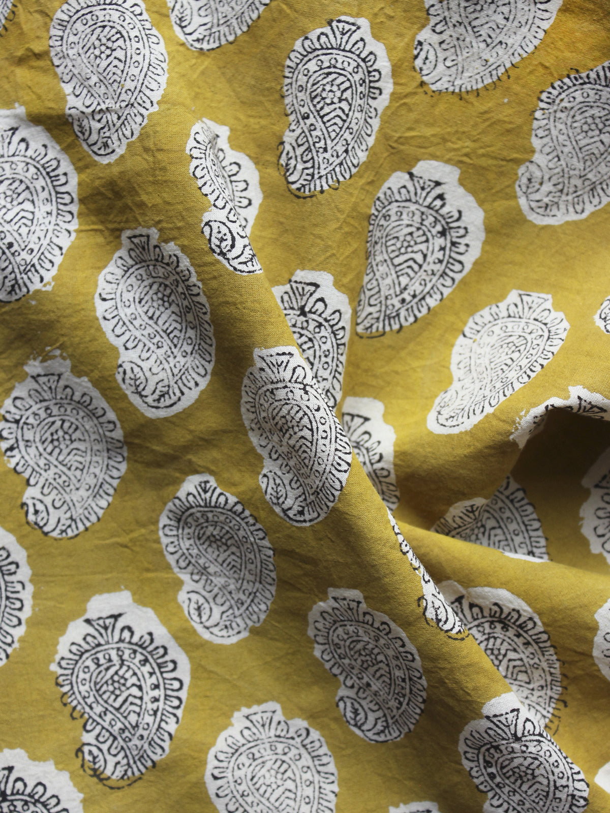 Mustard Ivory Black Hand Block Printed Cotton Fabric Per Meter - F001F889