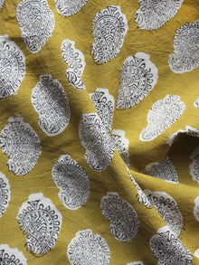 Mustard Ivory Black Hand Block Printed Cotton Fabric Per Meter - F001F889