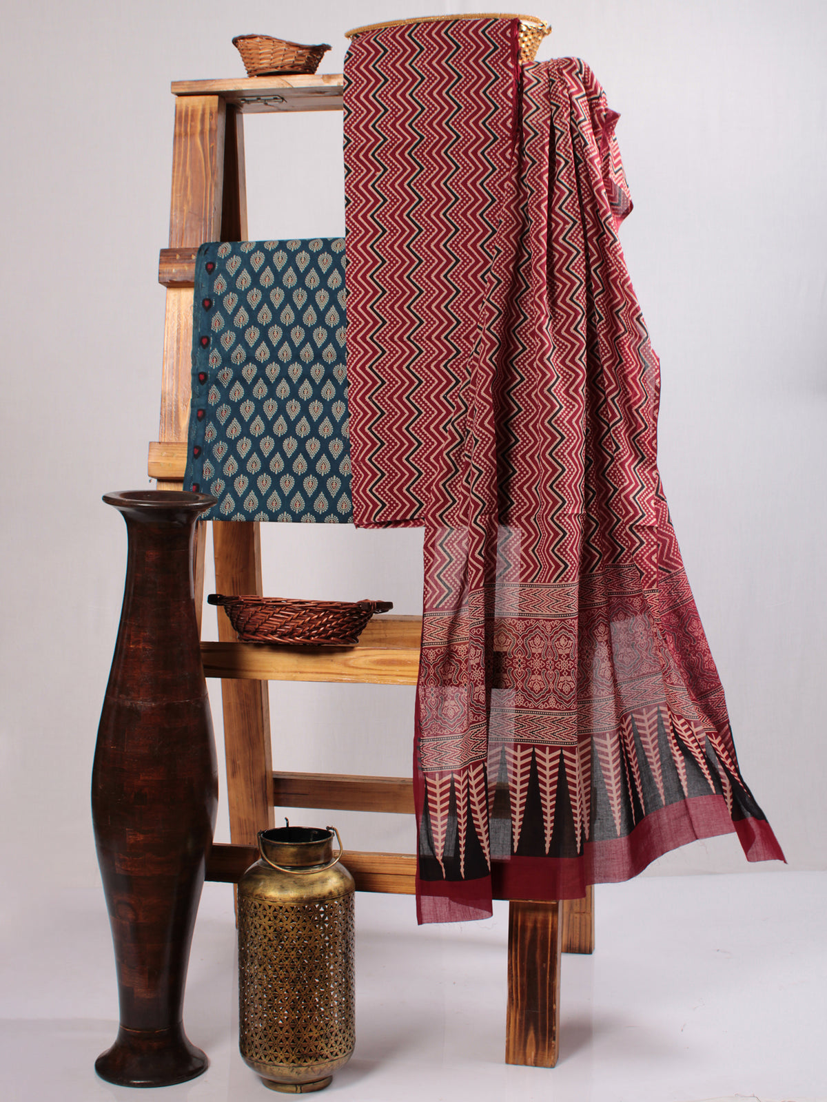 Maroon Indigo Black Ivory Hand Block Printed Suit Set (Set of 3) - SU01HB475