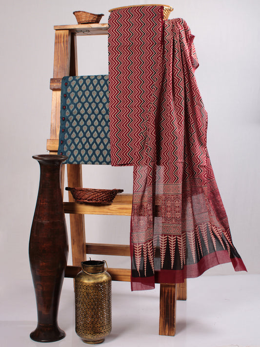Maroon Indigo Black Ivory Hand Block Printed Suit Set (Set of 3) - SU01HB475