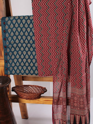 Maroon Indigo Black Ivory Hand Block Printed Suit Set (Set of 3) - SU01HB475