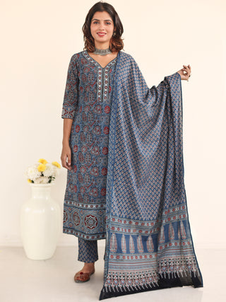 Ajrakh Aadanya Set Of Kurta Pants Dupatta