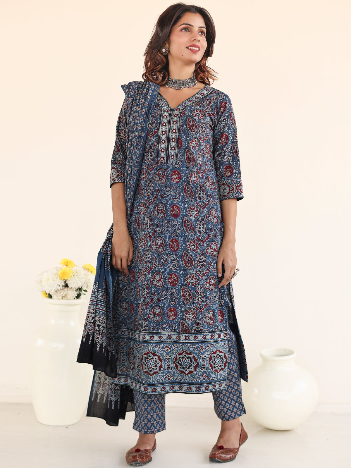 Ajrakh Aadanya Set Of Kurta Pants Dupatta