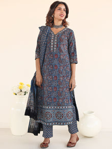 Ajrakh Aadanya Set Of Kurta Pants Dupatta