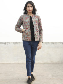 Maroon Green Indigo Ivory Hand Block Printed Reversible Quilted Jacket with Stand Collar - J04F681