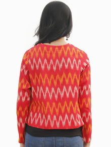 Red Yellow Ivory Hand Woven Ikat Crop Jacket With Front Pockets - J05F961