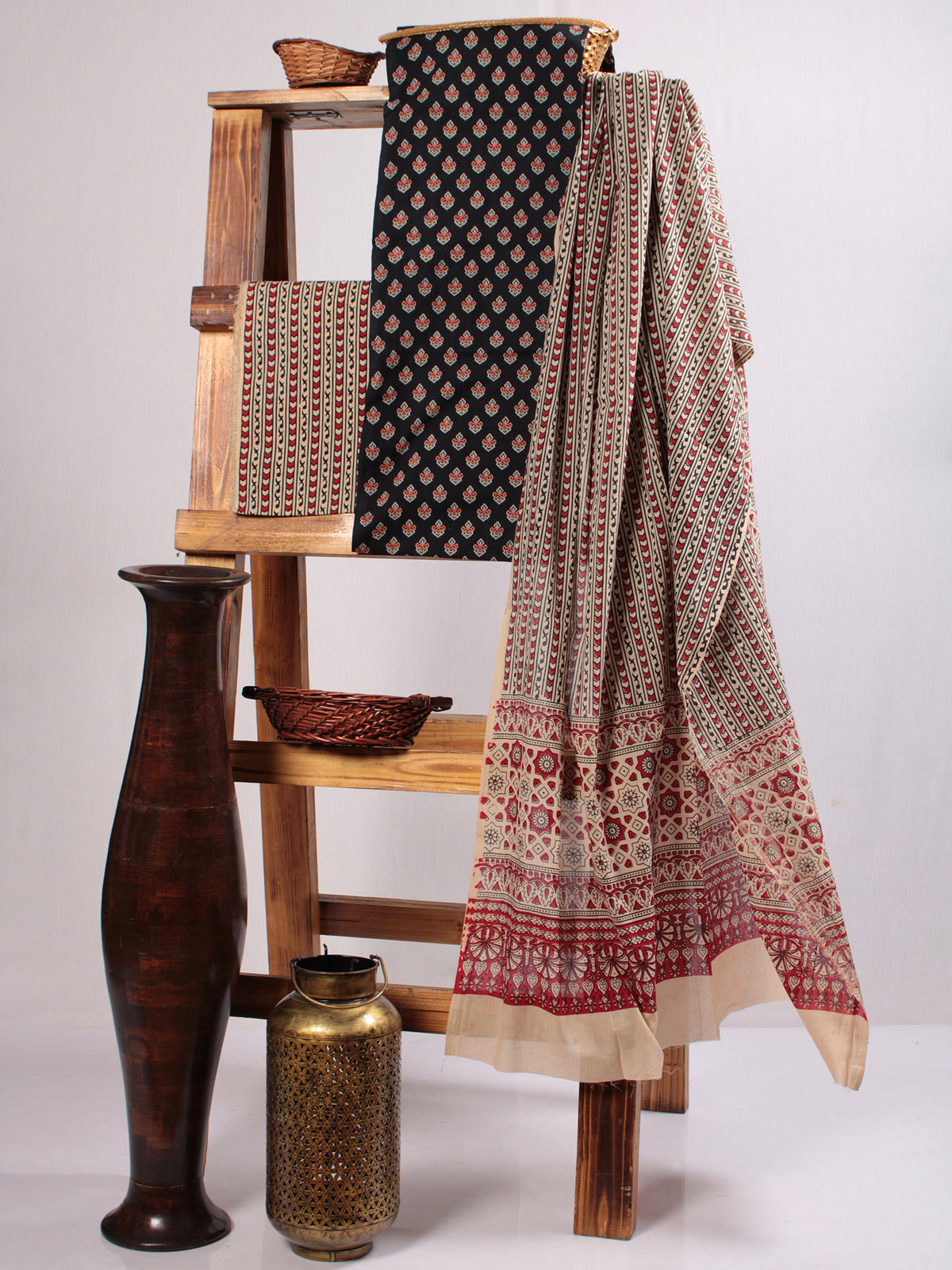 Black Ivory Red Hand Block Printed Suit Set (Set of 3) - SU01HB478