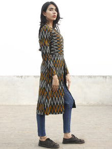 Black Yellow Ivory Hand Woven Ikat Long Jacket With Front Pockets - J06F967