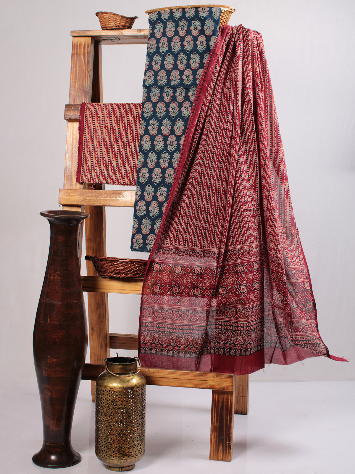 Indigo Maroon Black Ivory Hand Block Printed Suit Set (Set of 3) - SU01HB480