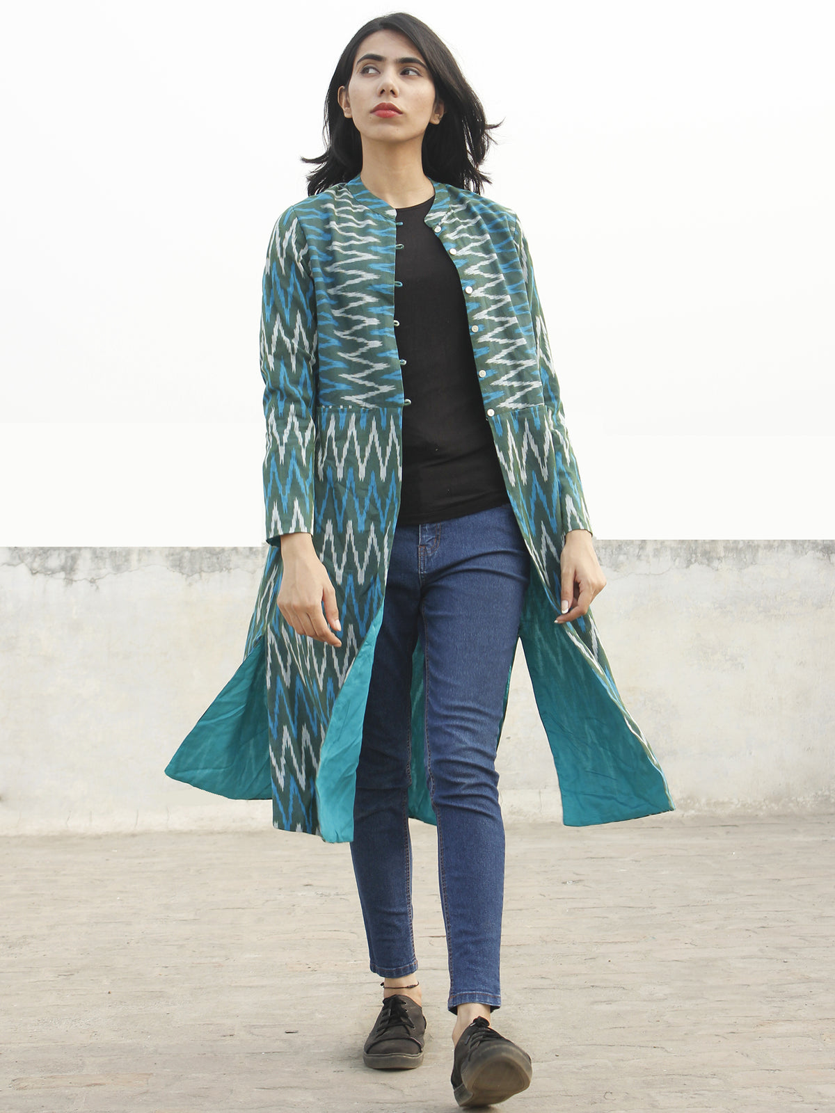 Teal Green Blue Ivory Hand Woven Ikat Long Jacket With Stand