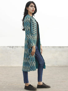 Teal Green Blue  Ivory Hand Woven Ikat Long Jacket With Stand Collar - J06F952