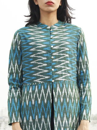 Teal Green Blue  Ivory Hand Woven Ikat Long Jacket With Stand Collar - J06F952
