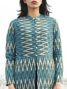 Teal Green Blue  Ivory Hand Woven Ikat Long Jacket With Stand Collar - J06F952