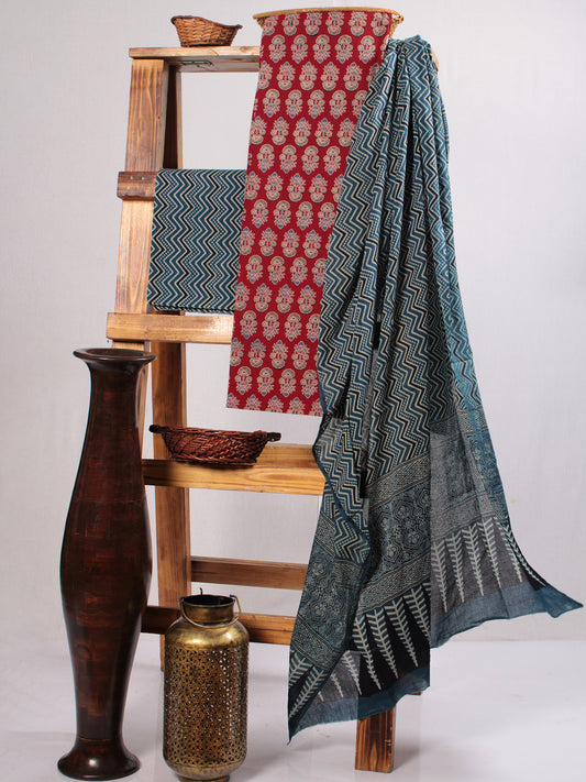 Red Indigo Ivory Black Hand Block Printed Suit Set (Set of 3) - SU01HB481