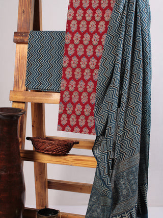 Red Indigo Ivory Black Hand Block Printed Suit Set (Set of 3) - SU01HB481