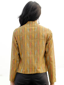 Peanut Brown Peach Yellow Hand Woven Ikat Crop Jacket With Stand Collar - J08F956