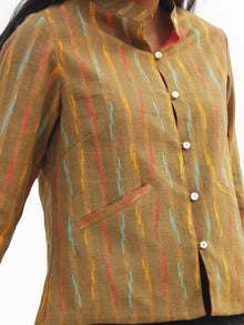 Peanut Brown Peach Yellow Hand Woven Ikat Crop Jacket With Stand Collar - J08F956