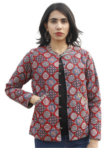 Maroon Green Indigo Ivory Hand Block Printed Reversible Quilted Jacket with Stand Collar - J04F681