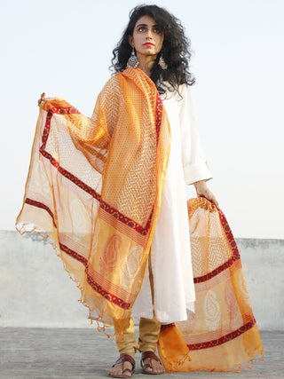 Orange Ivory Kota Silk Hand Black Printed Dupatta With Ajrakh Printed Stitched Border  - D04170127