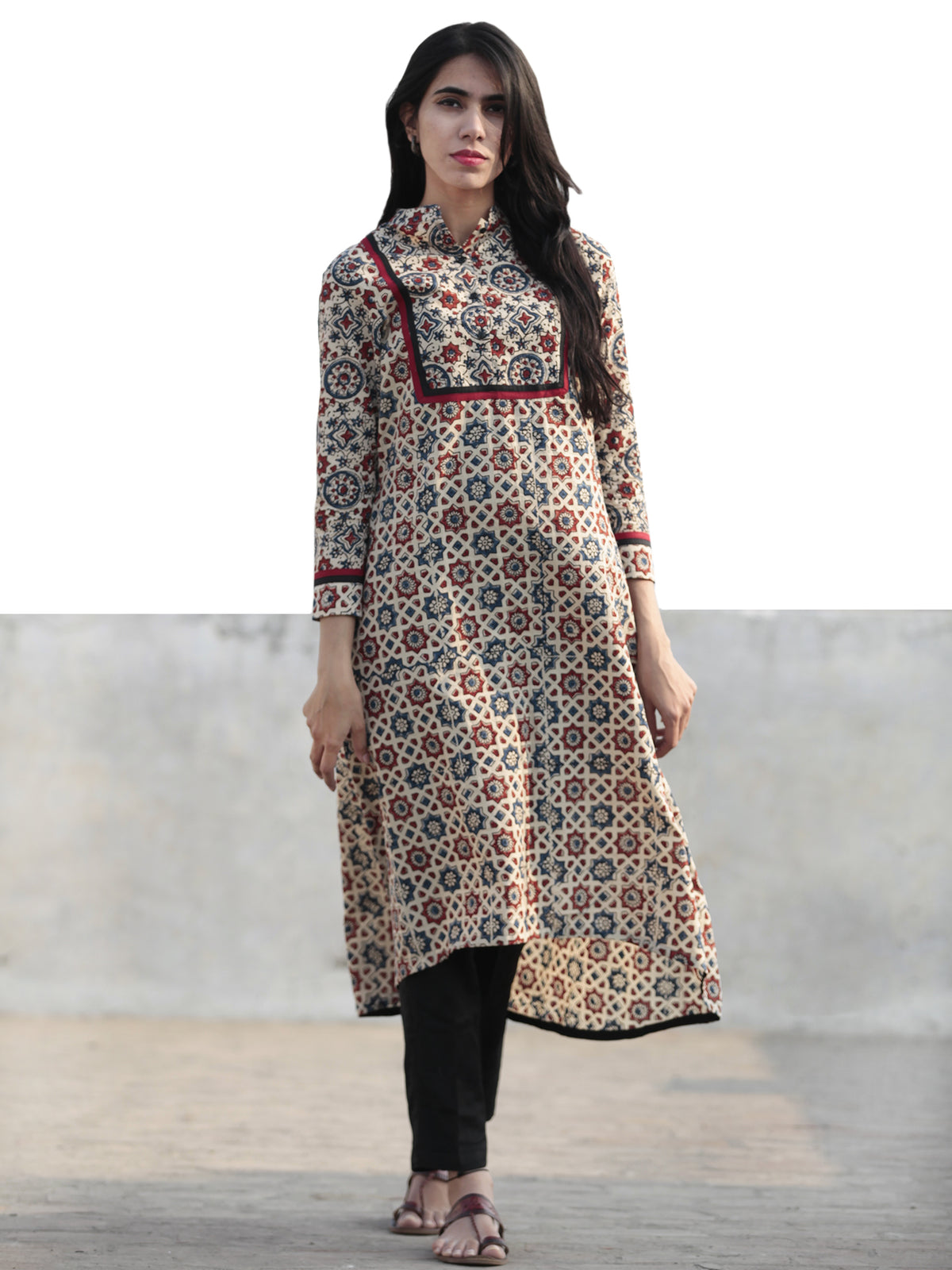 Beige Red Black Indigo Hand Printed Ajrakh Kurta With Stand Collar - K47F1197