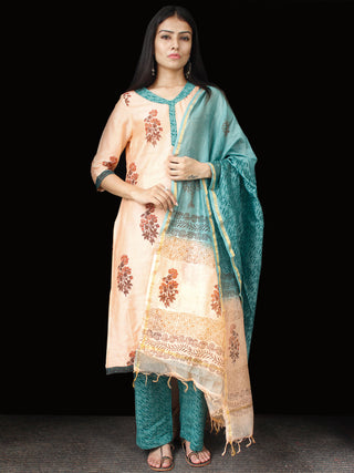Peach Teal Blue Chanderi Block Printed Suit Set - Set of 3  - SS01F001