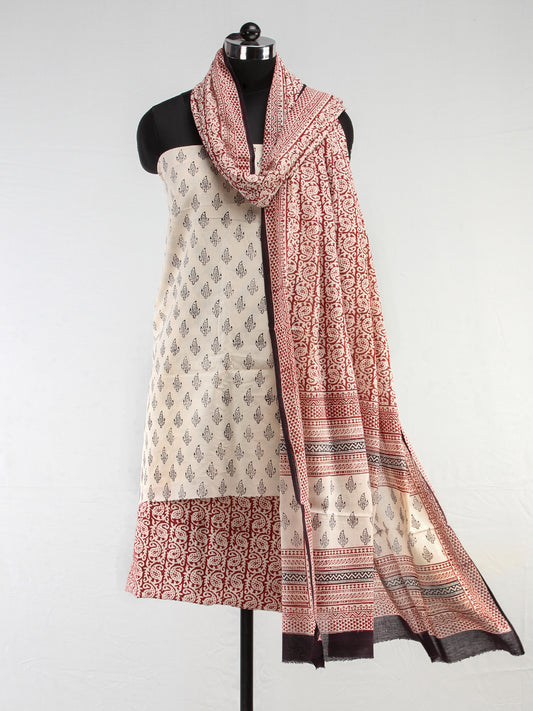 White Red Black Bagh Hand Block Printed Cotton Suit-Salwar Fabric With Dupatta (Set of 3) - SU01HB404