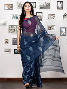 Indigo Ivory Hand Shibori Dyed Kota Doria Saree in Natural Colors - S031702846