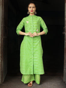 Parrot Green Hand Woven Ikat Embroidered Kurta & Pants (Set of 2) - SS01F1746