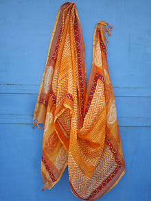 Orange Ivory Kota Silk Hand Black Printed Dupatta With Ajrakh Printed Stitched Border  - D04170127